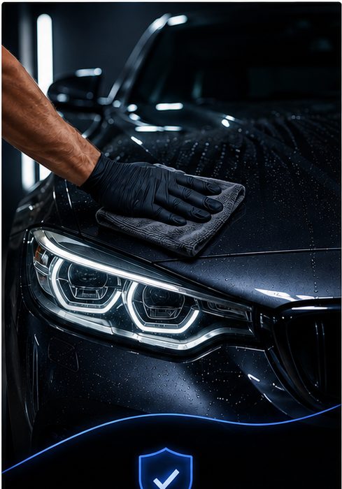 Hand wiping down a freshly washed car hood and headlight