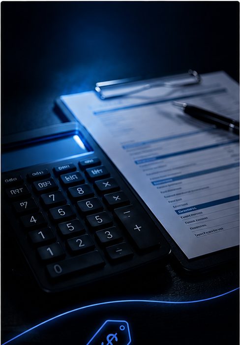 Calculator and quote clipboard on a dark desk